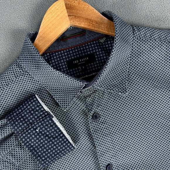 Ted Baker Other - Ted Baker Shirt Mens 7 Navy Blue‎ White Geometric Flip Cuff Quiet Luxury Dress